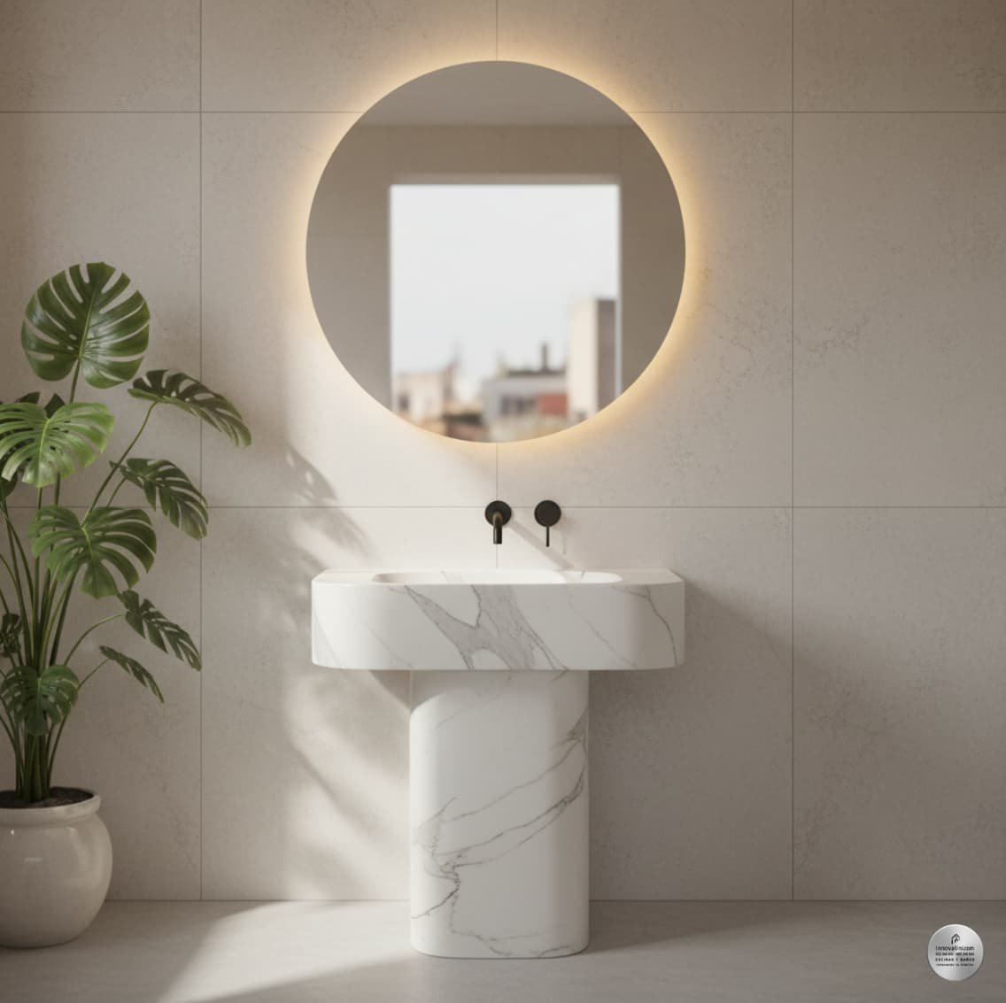 Baño reformado por Innovalini con lavabo de mármol y espejo circular retroiluminado